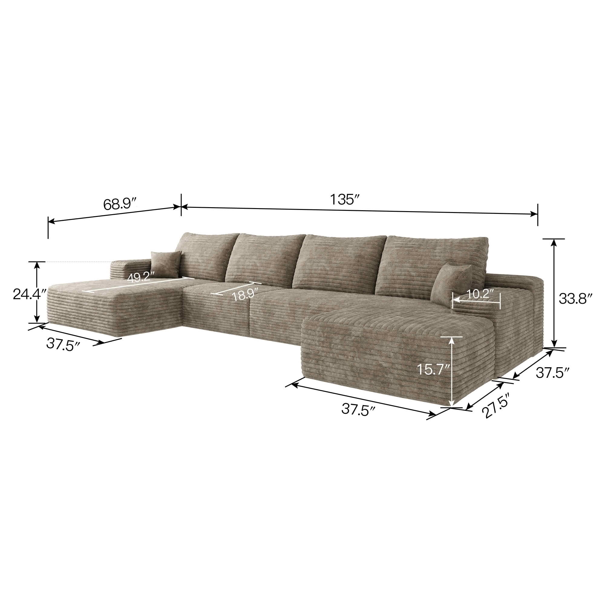 MAYEERTY 135-Inch Camel Plush Corduroy 5-Seat U-Shaped Cloud Modular Sectional Sofa, Deep Seat Corner Couch with Ottoman No Assembly Required