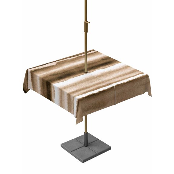 Outdoor Tablecloth with Umbrella Hole and Zipper, Modern Ombre Brown on White Square Waterproof Table Cover 54x54in Washable Table Cloth for Patio Picnic Party Abstract Watercolor Stripe