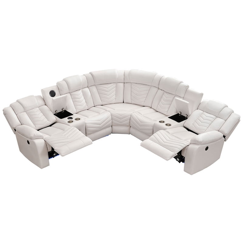 Power Reclining Sectional Sofa with Bluetooth Speakers,USB Ports,LED Lights,Cup Holders,Storage Console,Faux Leather Electric Corner L-Shaped Recliner Couch,5 Seater for Living Room White