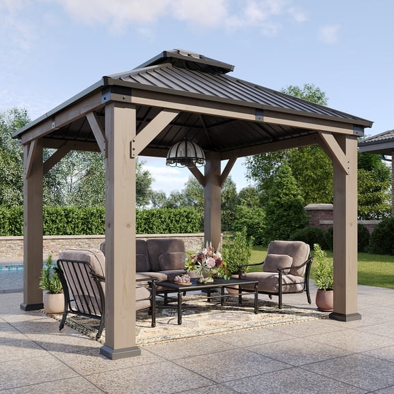Dateyes 10' x 10' Outdoor Wood Gazebo, Hardtop Gazebo Permanent Wooden Pavilion with Galvanized Steel Double Roof, for Patio, Garden, Deck, Cedar Wood