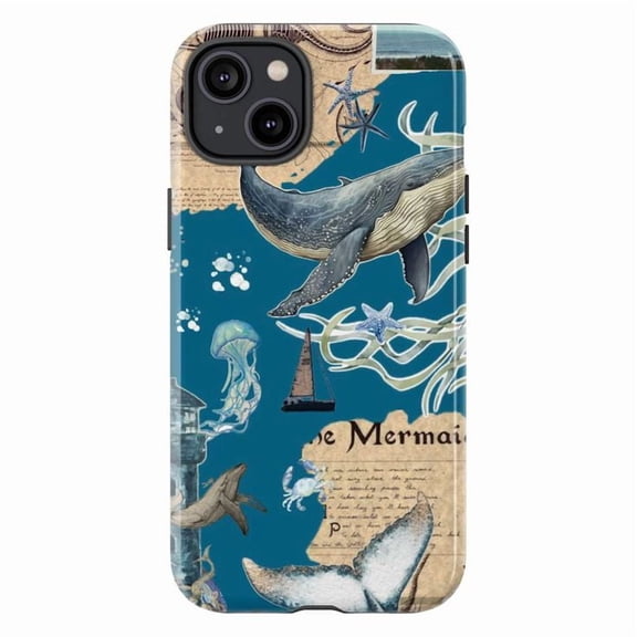 Vintage Ocean Adventure iPhone Case – Nautical Collage with Whale, Jellyfish & Mermaid Theme Dual Layer Phone Case for iPhone 16 15 14 13 12 11 Pro Max