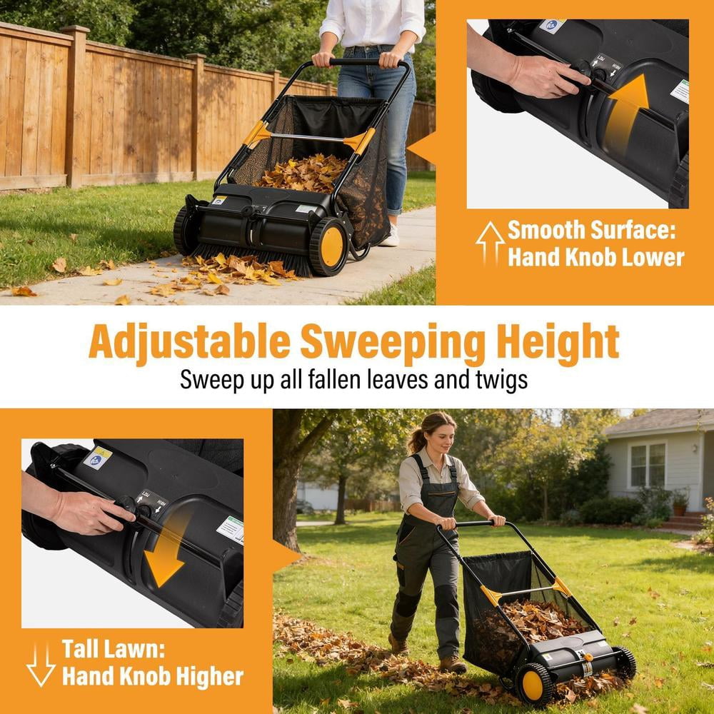 21 in Push Lawn Sweeper, Walk-Behind Leaf & Grass Collector with Large Hopper Bag and Height Adjustment for Lawn Cleanup