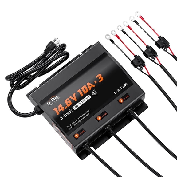 LiTime 3-Bank 10A (10A/Bank) Smart Battery Charger 14.6V LiFePO4 Charger AC-DC Charger with Fuse, LED Indicator for RV, Boat, Motorcycle, Lawn Mower, Trolling Motor and Lead Acid Battery
