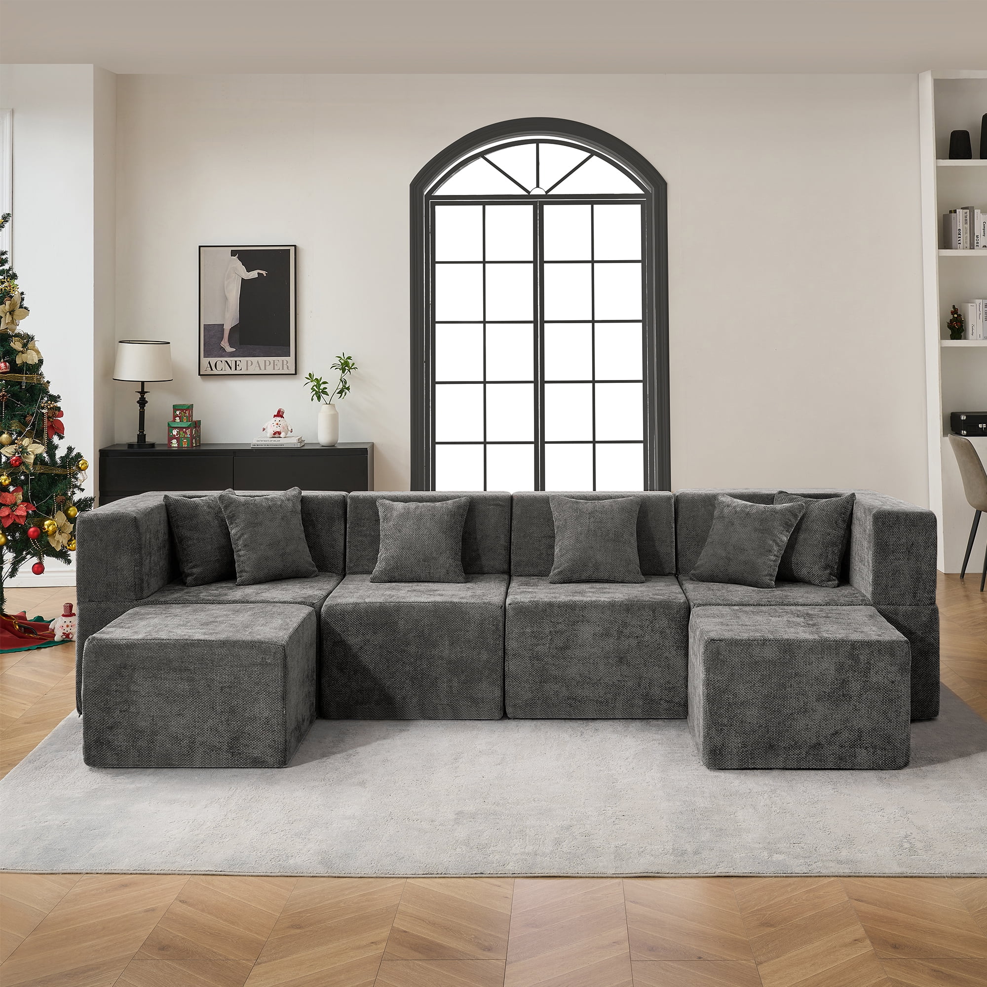 BEHOST 130" 6-Piece Modular Sectional Sofa with 2 Movable Ottomans, U-Shaped Cloud Couch for Living Room, Modern Chenille Deep Seat Sofa Set, Flexible Oversized Sleeper Couches, Dark Gray