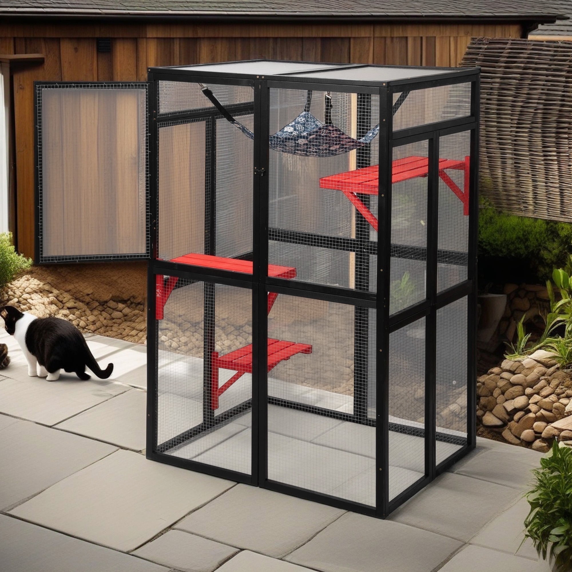 Pefilos 64" Gothic Cat House Outdoor Catio Cat Enclosures Wooden Kitty House with Platforms, Waterproof Roof, Hammock, Black
