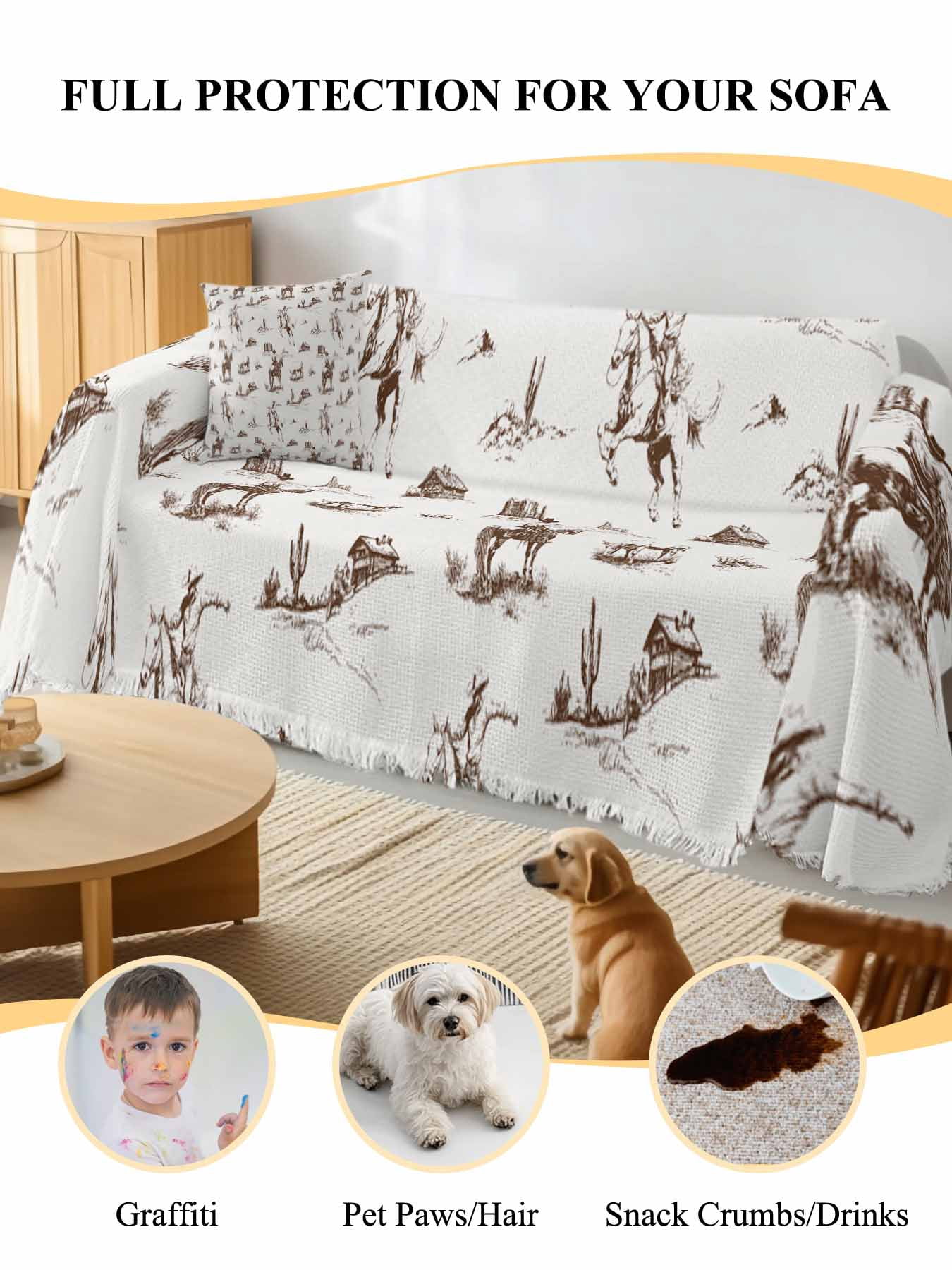 Western Cowboy Couch Cover for Dogs, Retro Desert Cactus Country Cowboy Brown Washable Sofa Covers Slipcover for Pets Dogs Futon Cover, Couch Recliner Covers, Oversized Chair Slipcover 71"x91"