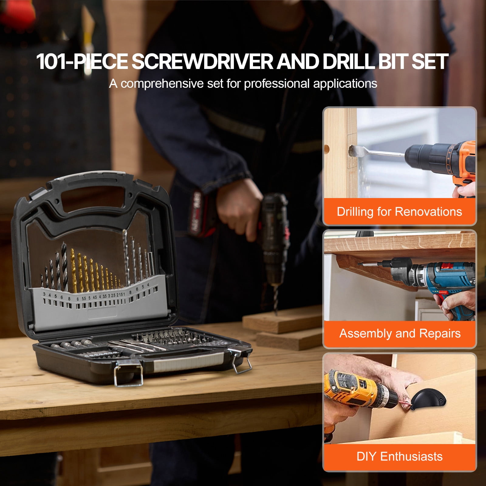 KFFKFF Drill Bit Set, Comprising of 101 Drill and Driver Bits, Ideal for Drilling in Wood, Metal, Cement and Driving Screws, Assorted Drill Bit Set Conveniently Packaged in a Structured Case