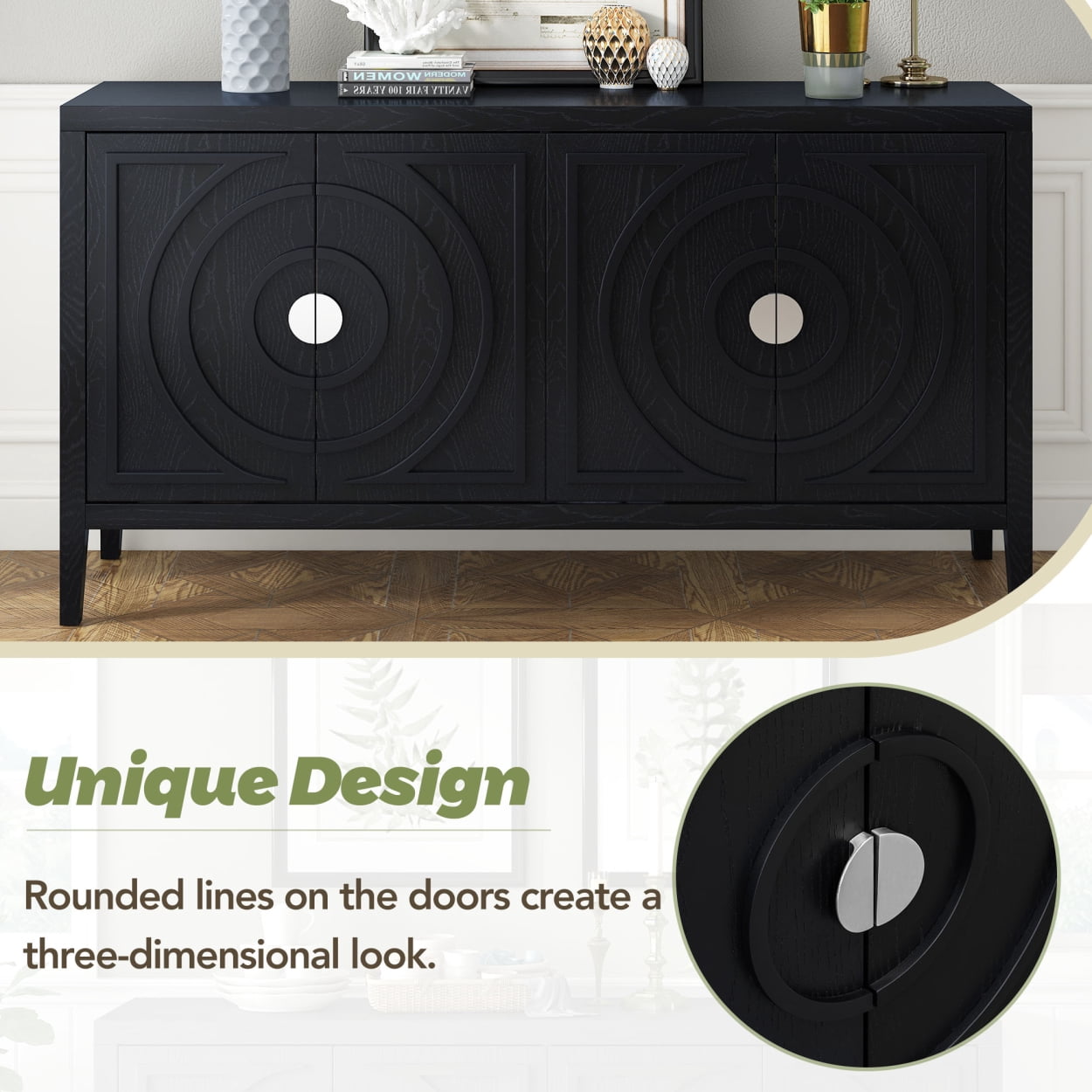 Retro Console Table, Modern Buffet Sideboard with 4-Doors and Adjustable Shelves, Entryway Sofa Table with Circular Groove Design and Metal Handle for Living Room Bedroom Hallway, Black