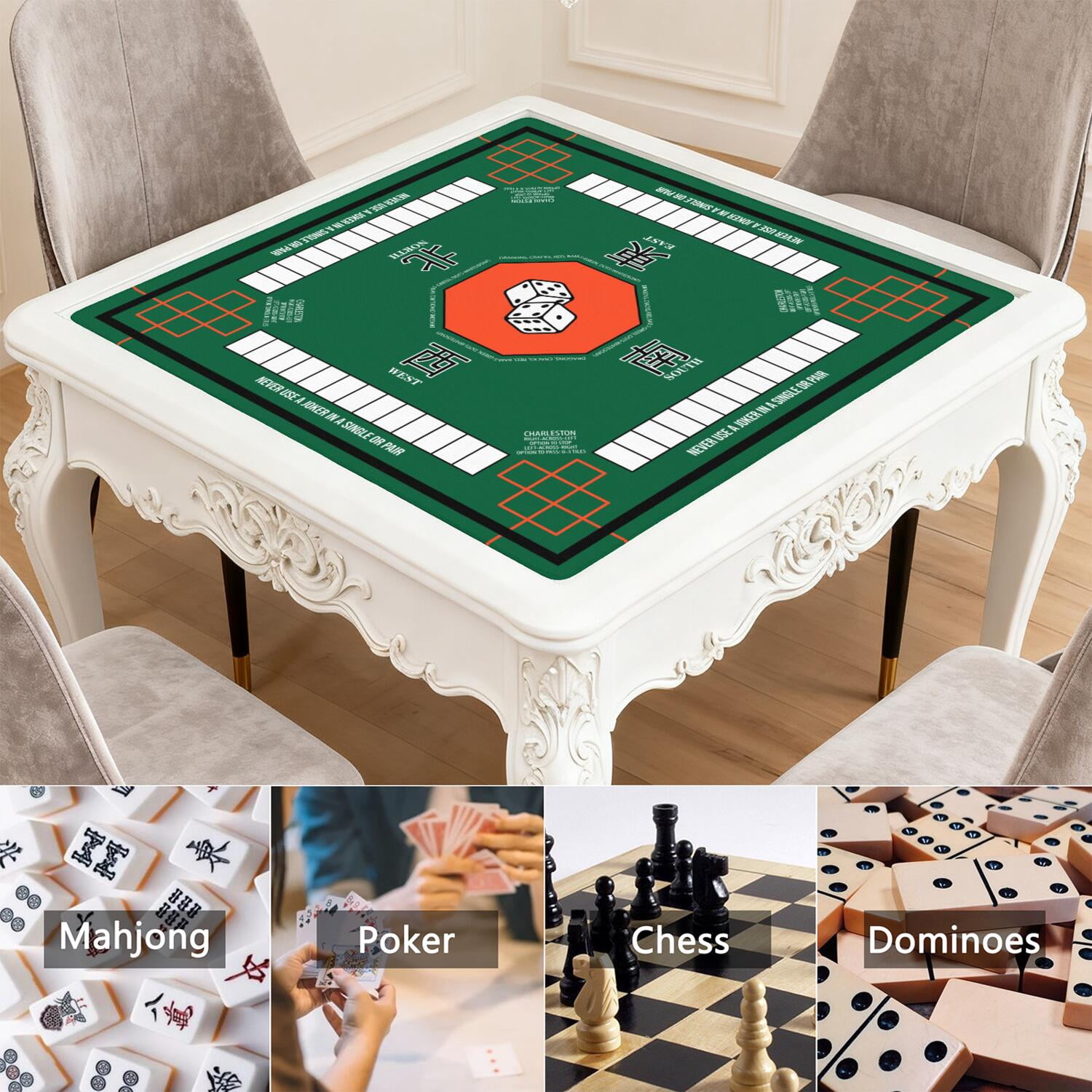 Green Mahjong Mat with Rules, 31.5*31.5in Anti Slip American Mahjong Mat for Table, Noise Reduction, Neoprene Mah jongg Mats with Carrying Bag & 3 Dices, Mahjong Supplies Gift, Board Tile Games Mats