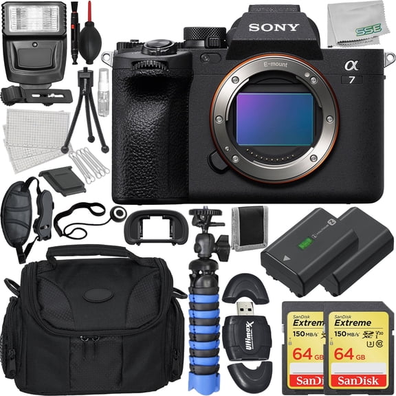 Sony a7 IV Mirrorless Camera (Body Only) with Loaded Accessory Bundle: 2x SanDisk 64GB Extreme Memory Cards, Spare Battery, Water-Resistant Gadget Bag & More (26pc Bundle)