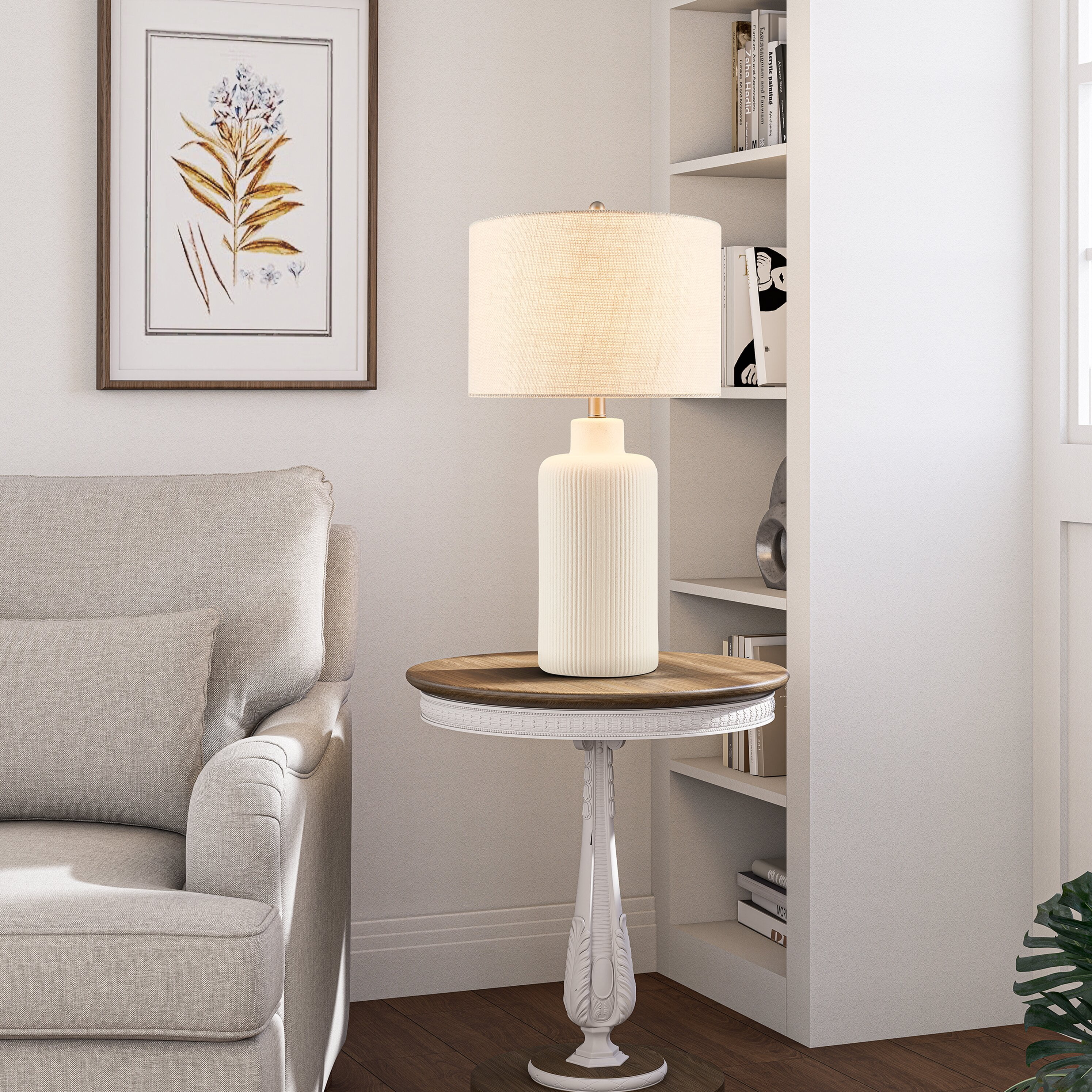 Kyrid 25.25'' Cream Ceramic Table Lamp for Living Room with Beige Linen Shade