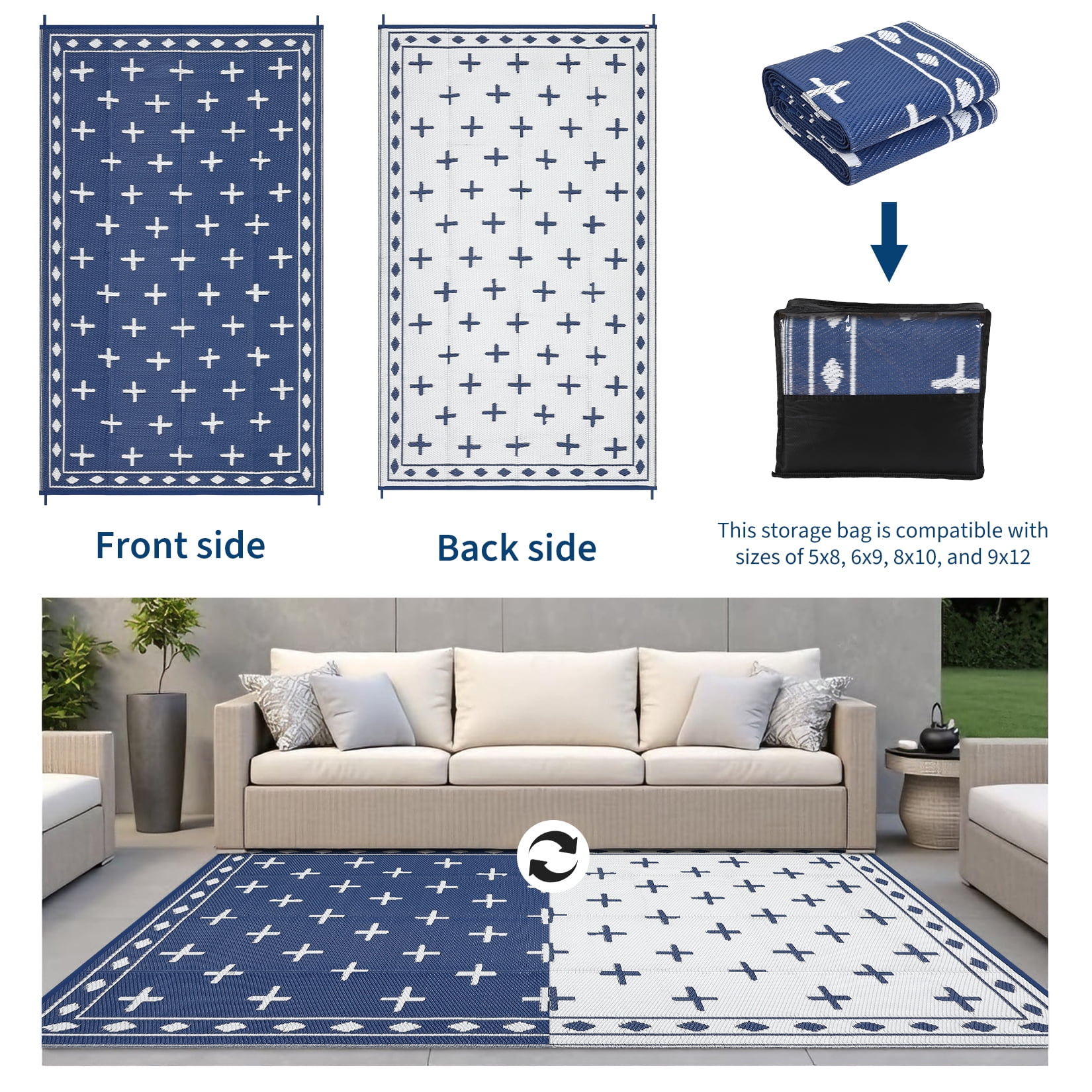 Geometric Outdoor Rug 9x12, Reversible Waterproof Plastic Straw Area Mat for Patio, RV Awning, Garden, Deck, Balcony, Camping and Beach,Dark Blue