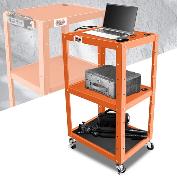 42" Adjustable Height Steel Media AV Cart Power Strip USB Ports Office Orange
