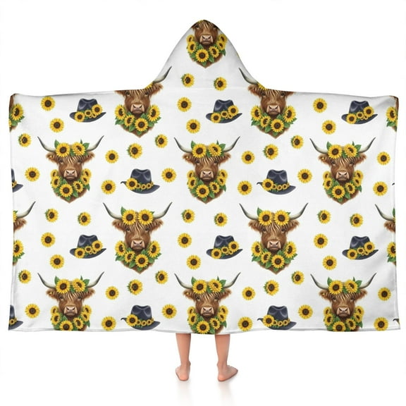 White Highland Cow Sunflower Hat Pattern Hooded Bath Towel,50"x30" for Ages 3 To 12 Kids, Quick Dry Lightweight Soft Microfiber Hood Beach Towel Cover Up for Kids