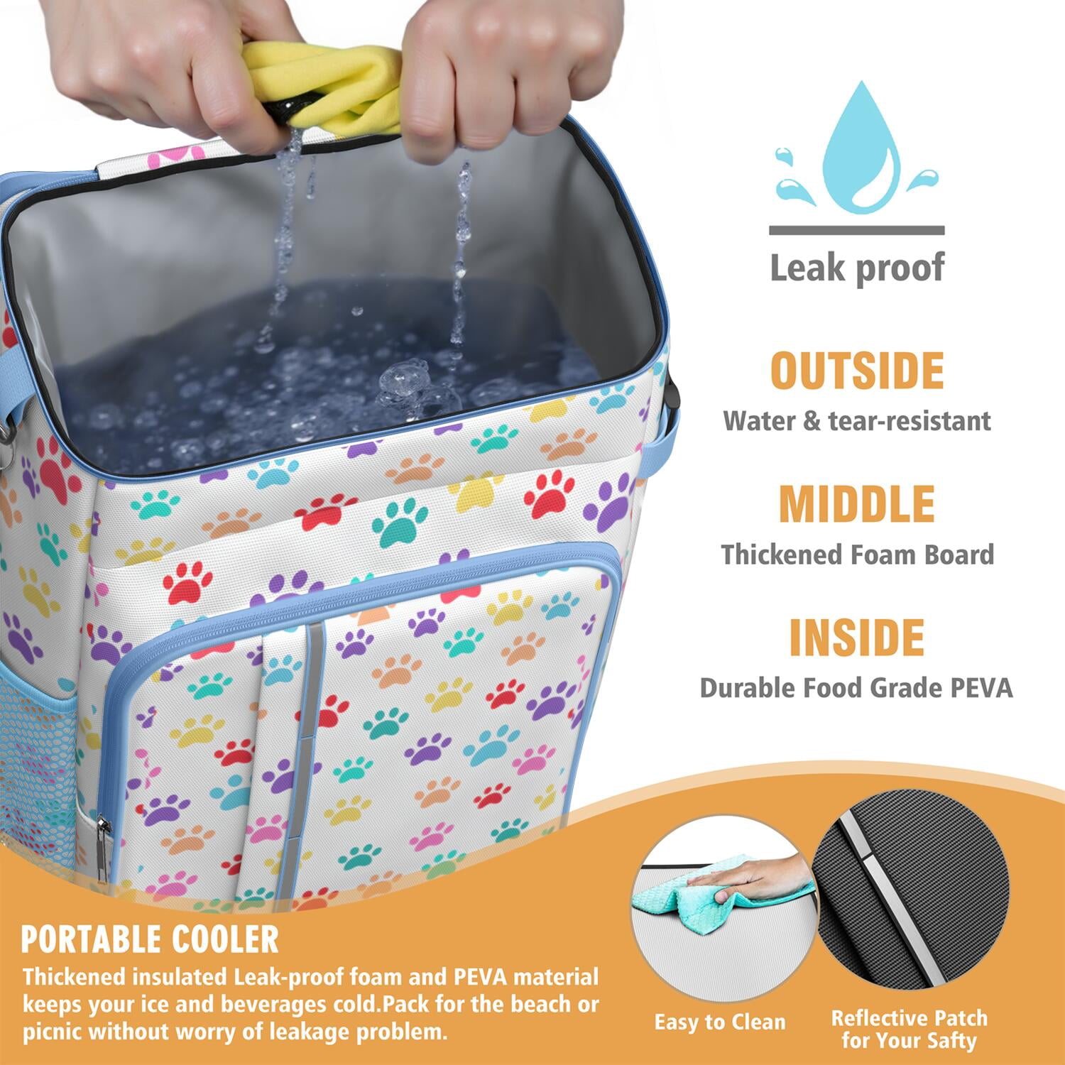 Travel Cooler Bag - Colorful Dog Paw Footprint Camping Beer Cooler Backpack with Bottle Opener- Waterproof Insulated Picnic Backpacks - Cooler Bag for Beach