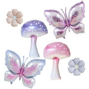 6pcs Pink Purple PriNst Mushroom Balloons Butterfly Balloon for Fairy Birthday Party Decoration Enchanted Wonderland Birthday Party Fantasy Fairy Garden Party Alice Parties Decorations