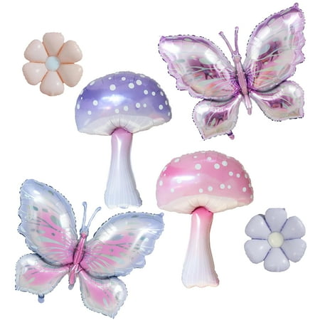 6pcs Pink Purple PriNst Mushroom Balloons Butterfly Balloon for Fairy Birthday Party Decoration Enchanted Wonderland Birthday Party Fantasy Fairy Garden Party Alice Parties Decorations