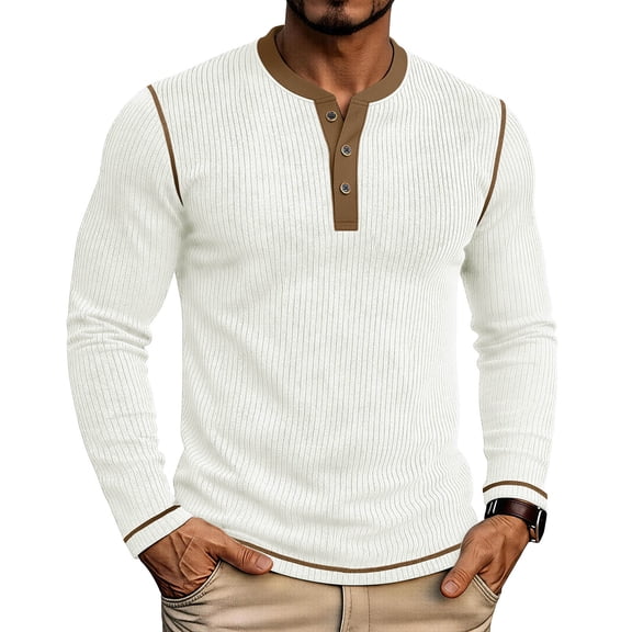 SAWOBUUN Mens Long Sleeve Ribbed Henley Shirt Slim Fit Color Block Knit Pullover Top Casual Stretch Thermal Undershirt for Fall Winter