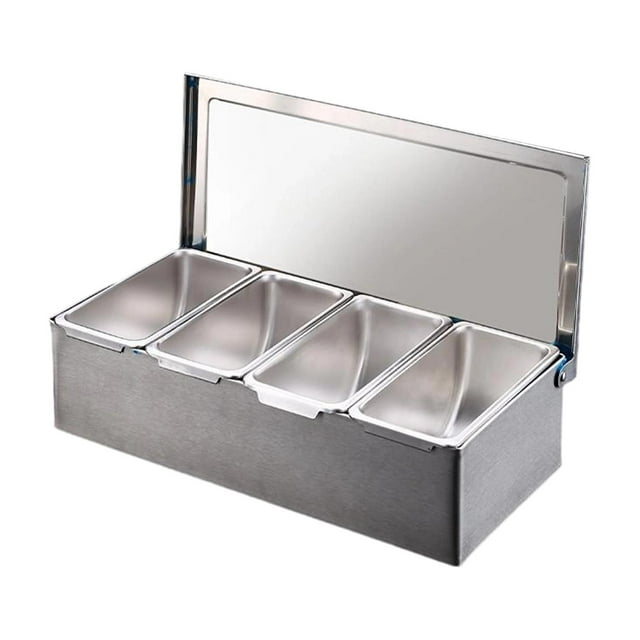 Condimentero de Acero Inoxidable con Compartimentos Extraíbles Bandeja para Especias y Condimentos Organizador de Cocina con Tapa Hermética Adecuado para el Hogar Restaurantes 4 cuadrículas
