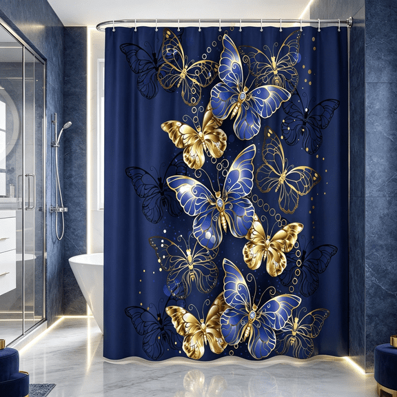 SUNOLIFE Blue Butterfly Shower Curtain Navy Blue Waterproof Fabric Bathroom Curtain with Hooks,72x72 in