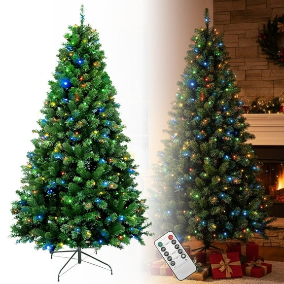 7ft Artificial Christmas Tree, Christmas Tree with 200 Color Changing LEDs, 813 Realistic Tips, Hinged Design & Metal Base, 8 Modes