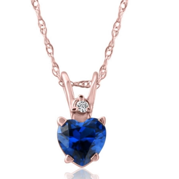 Pompeii Diamond & Blue Sapphire Heart Shape Solitaire Pendant 14K Rose Gold & 18" Chain