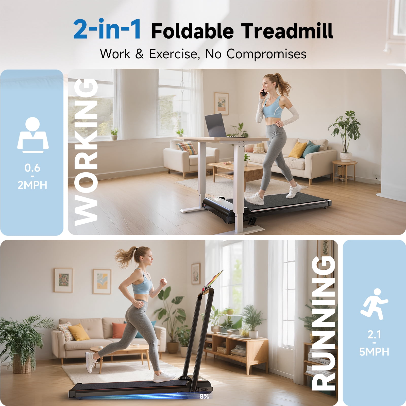 Evitormill 4 in 1 Foldable Treadmills with Handle/Handrails - 2.5HP Low Noise Folding Walking Pad, Supports 265 Lbs (Black)