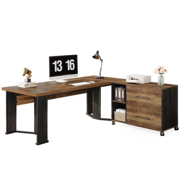 Fnova 70" L-Shaped Executive Desk with Mobile File Cabinet, Industrial Office Desk with Drawers and Shelves, Computer Desk Writing Desk for Home Office