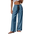 thumbnail image 2 of Women's Linen Wide Leg Pants Elastic Waist Drawstring Casual Trousers With Pockets For Summer Beach, 2 of 6