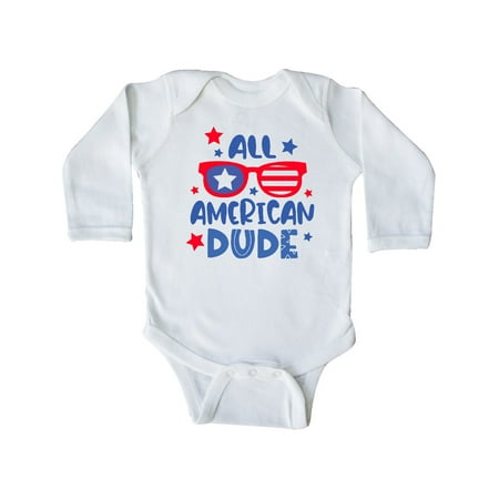 

Inktastic 4th of July All American Dude with Red and Blue Glasses Gift Baby Boy Long Sleeve Bodysuit