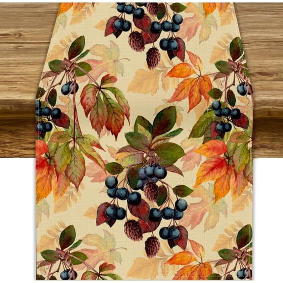 Fall Watercolor Maple Leaf Purple Berry Pine Cone Table Runner, Seasonal Farmhouse Decorative Table Runner for Dining Table