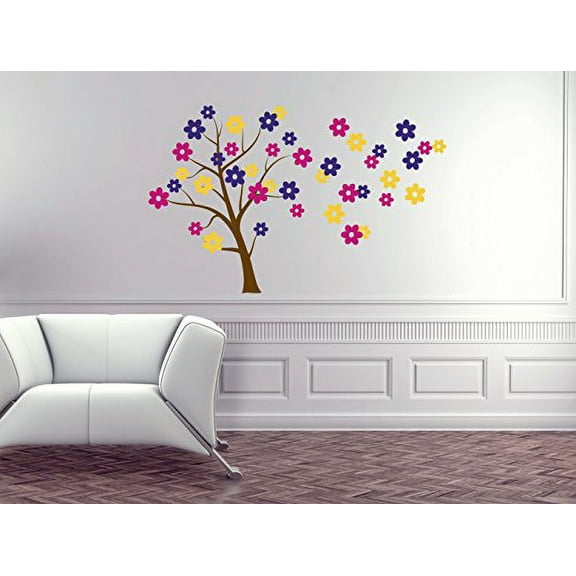 Tree with 3 Color Flowers Wall Decal Art Sticker, 55 by 34 , Chocolate/Plum/Yellow/Hot Pink