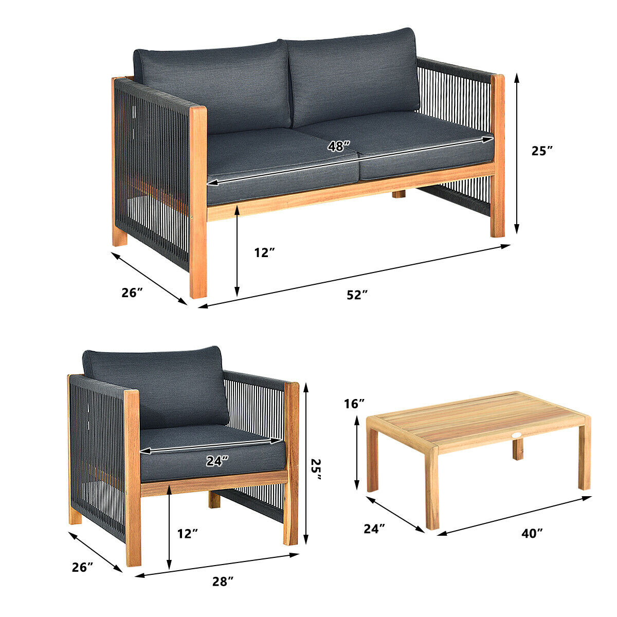 Gymax 8PCS Acacia Wood Outdoor Patio Furniture Set Cushioned Sofa W/Nylon Rope Armrest - image 2 of 9