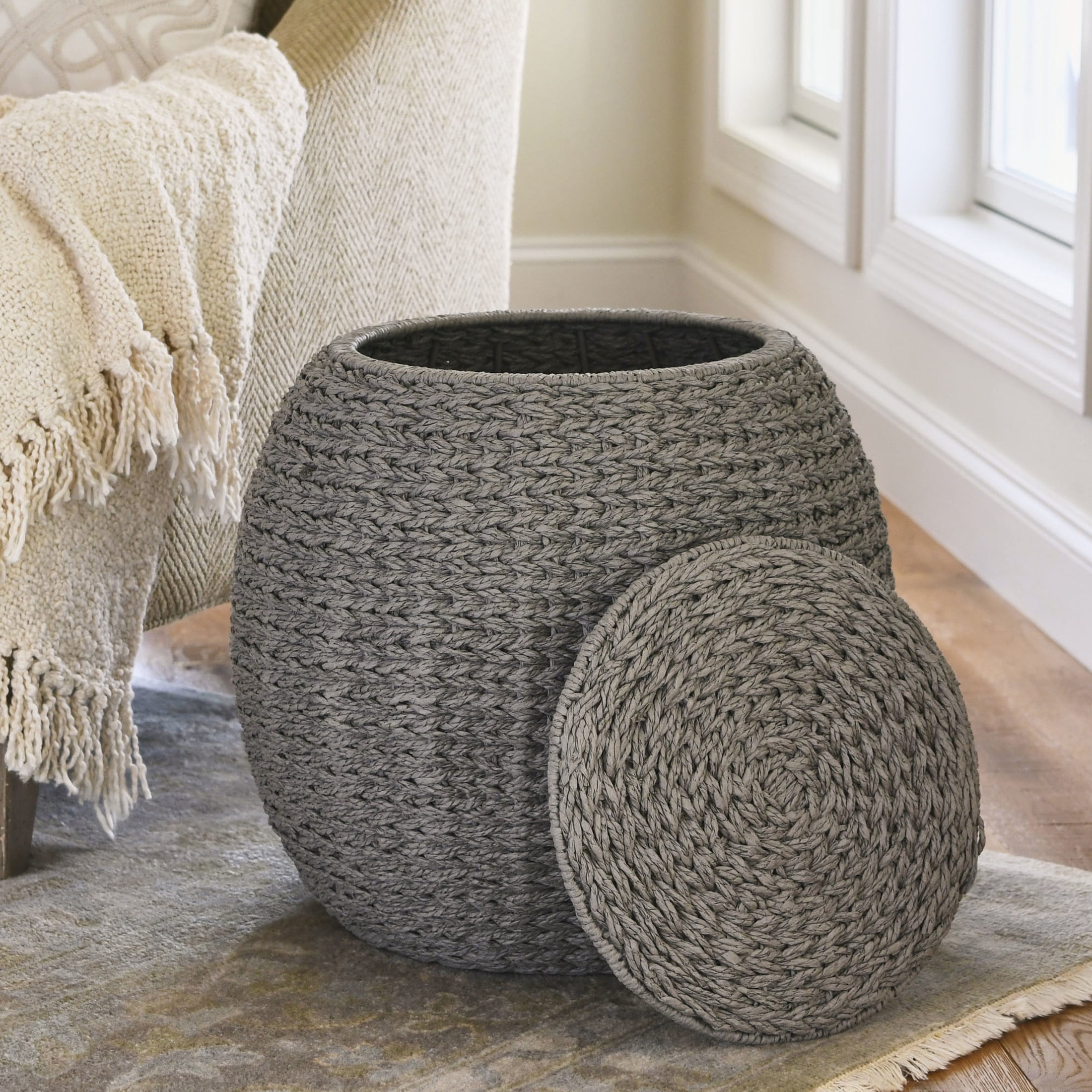 Household Essentials Handwoven Paper Rope Barrel Wicker Storage Basket Side Table, Gray