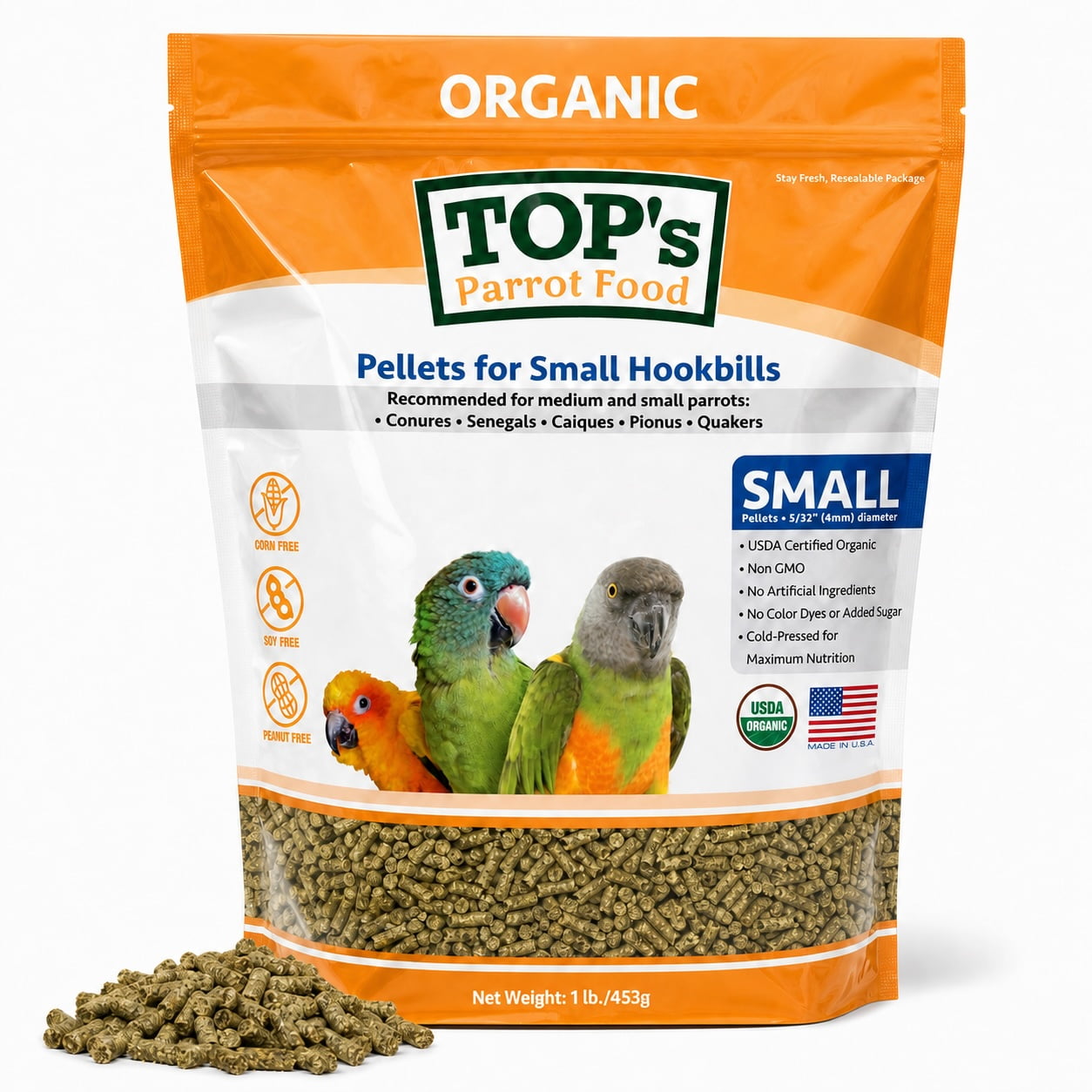 TOP's Parrot Food Small Pellets for Conures, Senegals, Caiques, Pionus, USDA Certified Organic, Human Grade, Non-GMO, Corn, Soy & Peanut Free, 1 lb