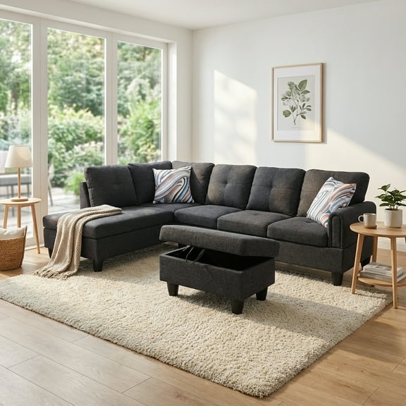 Prilinex Modern Linen Sofas & Couches for Living Room Furniture Set, L-Shaped Modular Couch Upholstered 3 Pieces Sectional Sofa Couch with Storage Ottoman for Small Apartment, Black Grey
