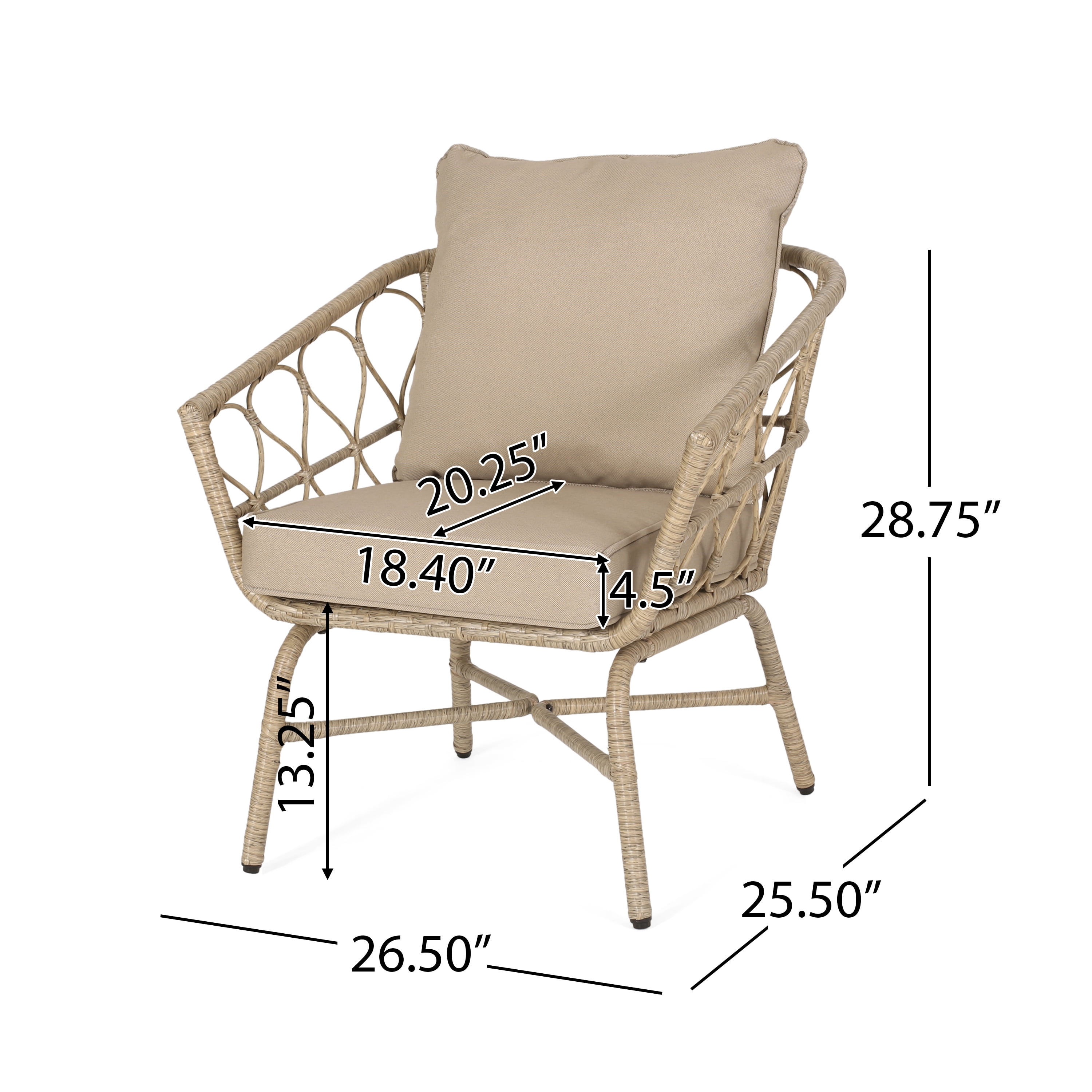 3-Piece Outdoor Bistro Chat Set with Light Brown PE Rattan and Beige Cushions, 2 Armchairs and Round Side Table for Patio Garden, Brown
