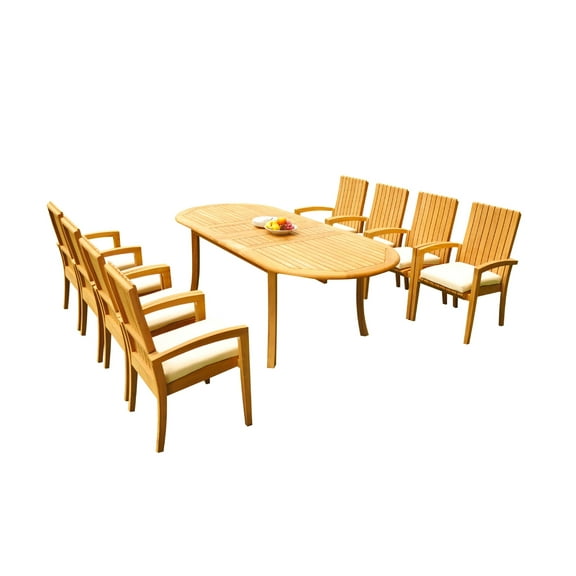 Grade-A Teak Dining Set: 8 Seater 9 Pc: 94" Oval Table And 8 Goa Stackng Arm Chairs Outdoor Patio WholesaleTeak #51GO1209