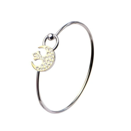 Emerald Gemstone Bangle Bracelet - Women's Stainless Steel Gold IP Rebel Symbol Bangle Bracelet with Clear Gem, 7.5