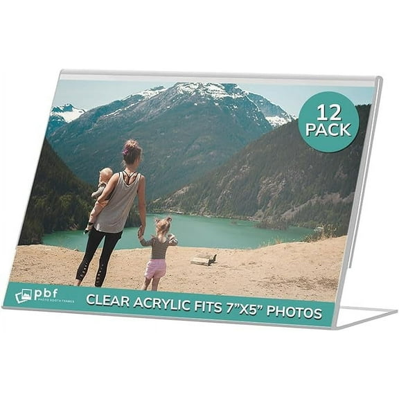pbf 7x5 Acrylic Sign Holder | 7 x 5 Horizontal Stand Up Slanted Sign Holder | Acrylic Stands for Display | Clear Picture Frame, Menu Table Top Stand, Plastic Flyer Holder (12-Pack)