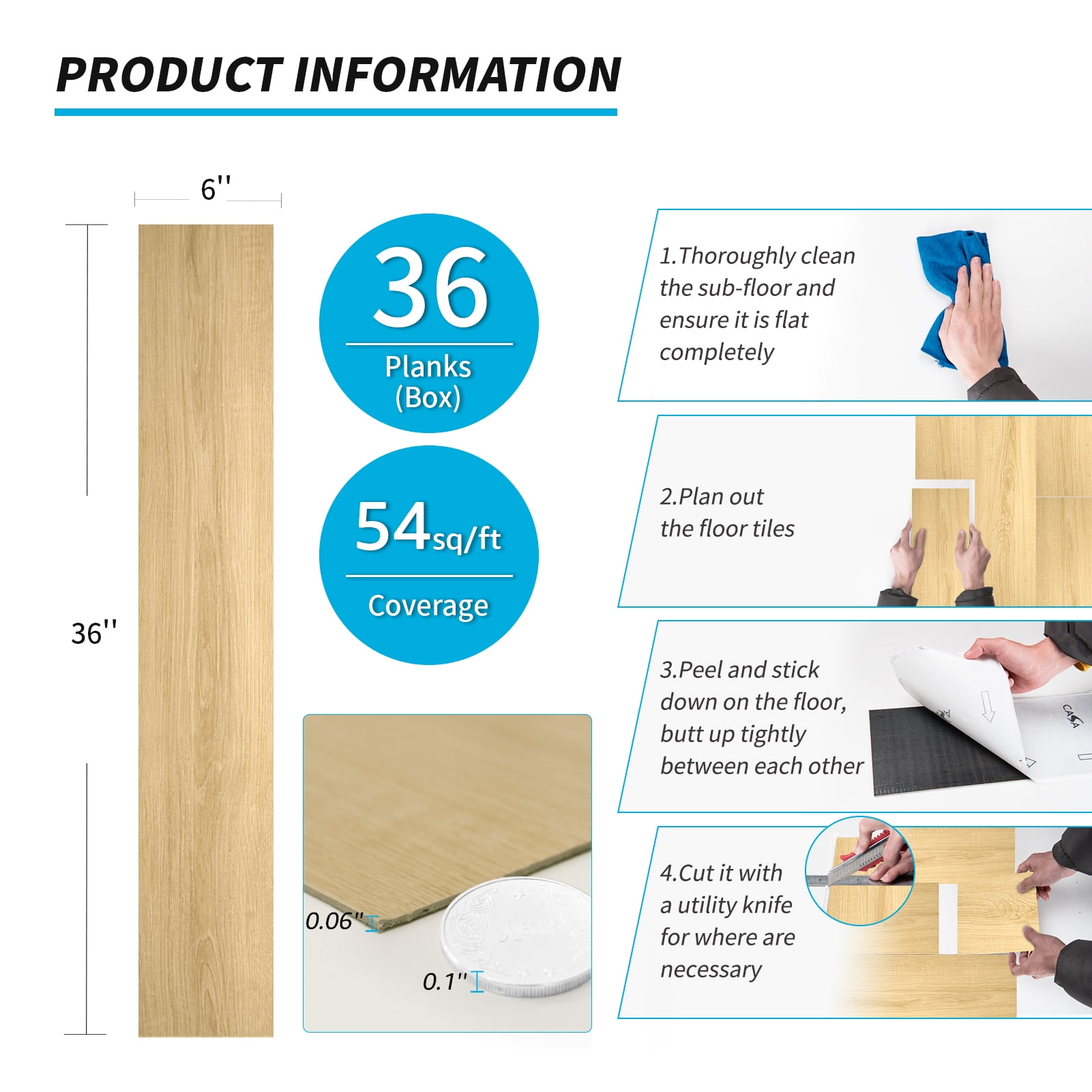 Self-adhesive 6" x 36" x 2mm Luxury Vinyl Plank（36 PACK)