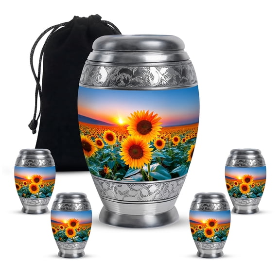 Sunflower Funeral Urn For Ashes Adult Male - Sunset Decorative Keepsake Urns For Father And Mother Remains, Orange Cremation Urns For Adult Man And Woman, 10-inch Large And 3-inch Small Set Of 4