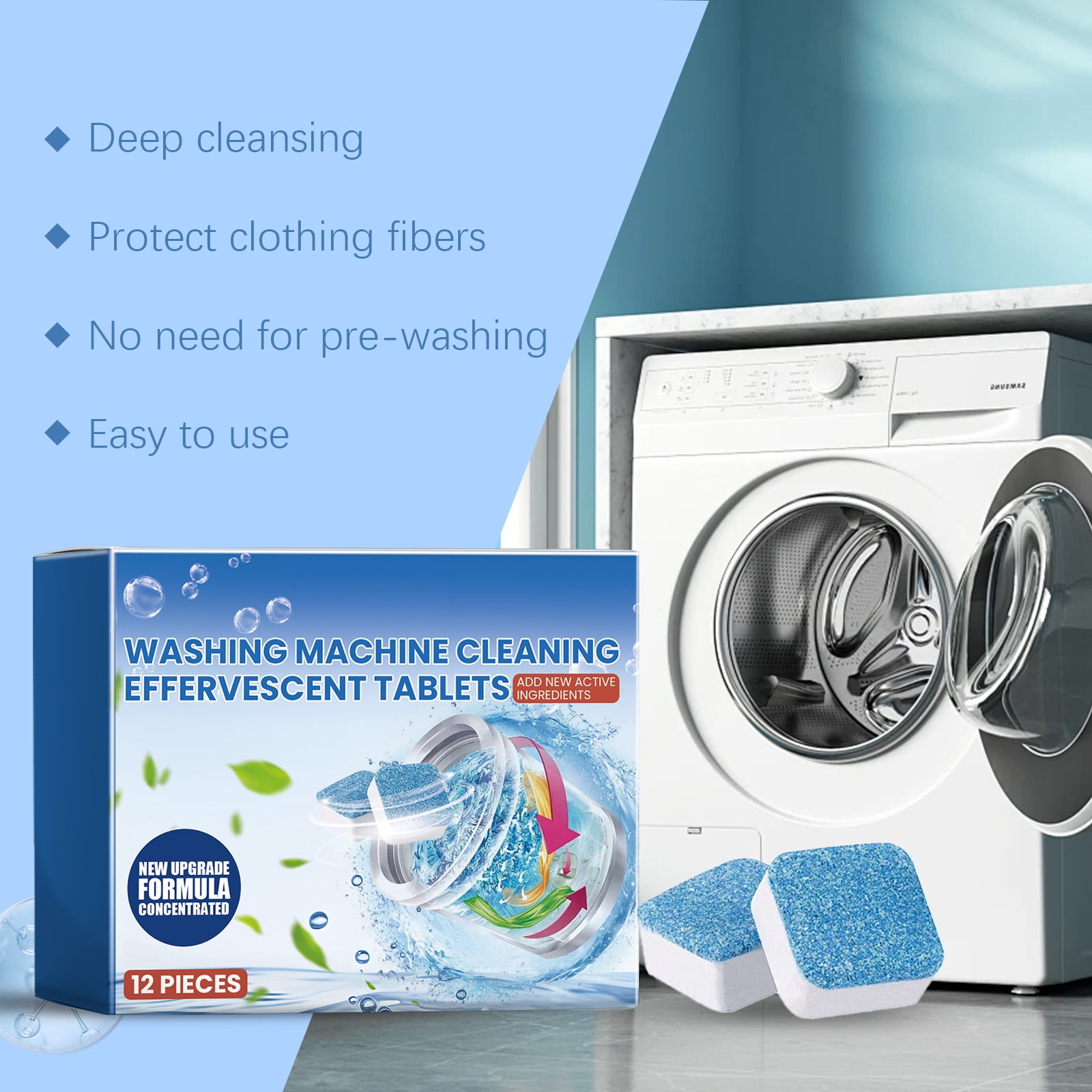Alvantor Washing Machine Cleaner Tablets - Deep Clean Descaler Deodorizer for HE Front & Top Load Washers, 12pcs