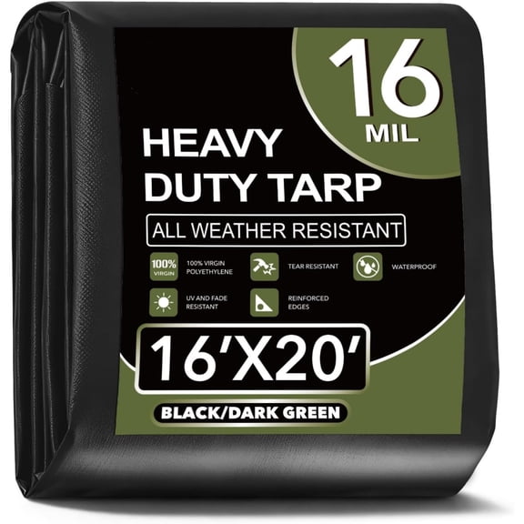 Tarp Waterproof 16x20Ft, Extra Thick 16 Mil Heavy Duty Tarp Cover, Tear & Fade Resistant, Outdoor Tarps with Brass Grommets and Reinforced Edges for Roof, Camping, Patio, Boat (Black/Green)