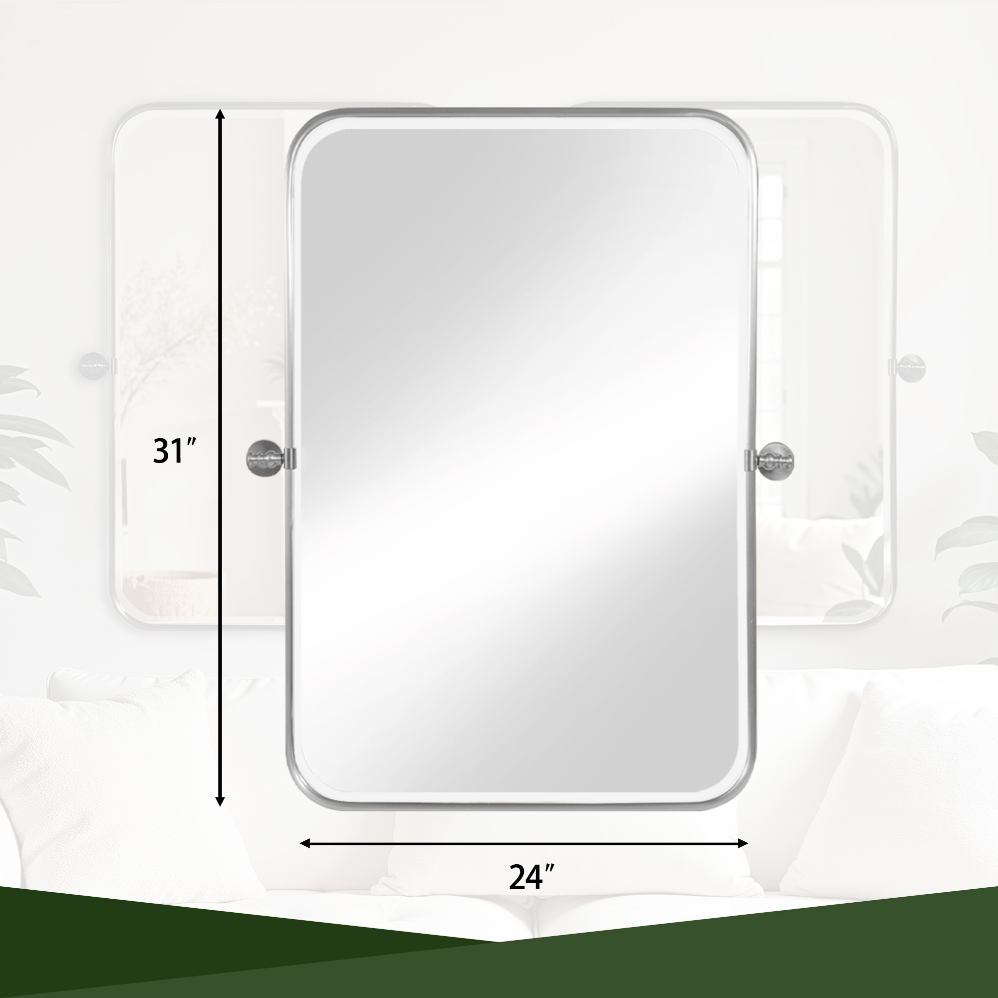 MAYEERTY 32"×24" Silver Iron Rectangular Wall Mirror Rounded Corners, Hardware, Double-Sided for Bathroom