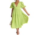 thumbnail image 4 of AMERTEER Femmes Profonde V Maxi Robe d'Été Casual Manches Courtes Plissées Taille Haute LongBeach Flowy Robes, 4 of 9
