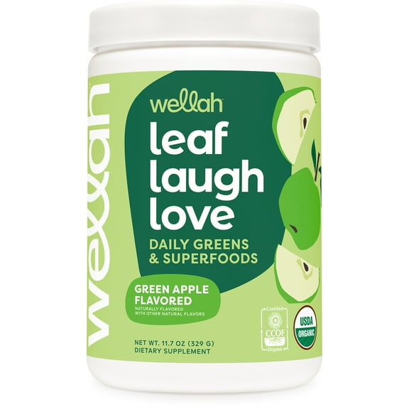 Wellah Leaf, Laugh, Love Super Greens Powder (Green Apple) 30 Servings - Superfood Supplement Drink Mix