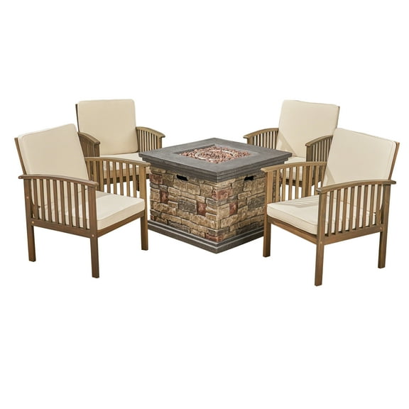 Carol Outdoor 4-Seater Acacia Wood Club Chairs with Firepit, Brown Patina Finish and Cream and Stone