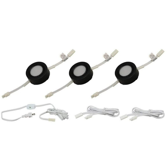 Kit de Lumière Puck 3 LED - Couverture Noire avec Lumière Blanche Froide (6,000k) - sous Armoire et Meubles - 120v/110v - Dimmable - Tension de Ligne (Pas de Transformateur Nécessaire) (Lumière Blanche Froide/couverture Noire Lot de 3)