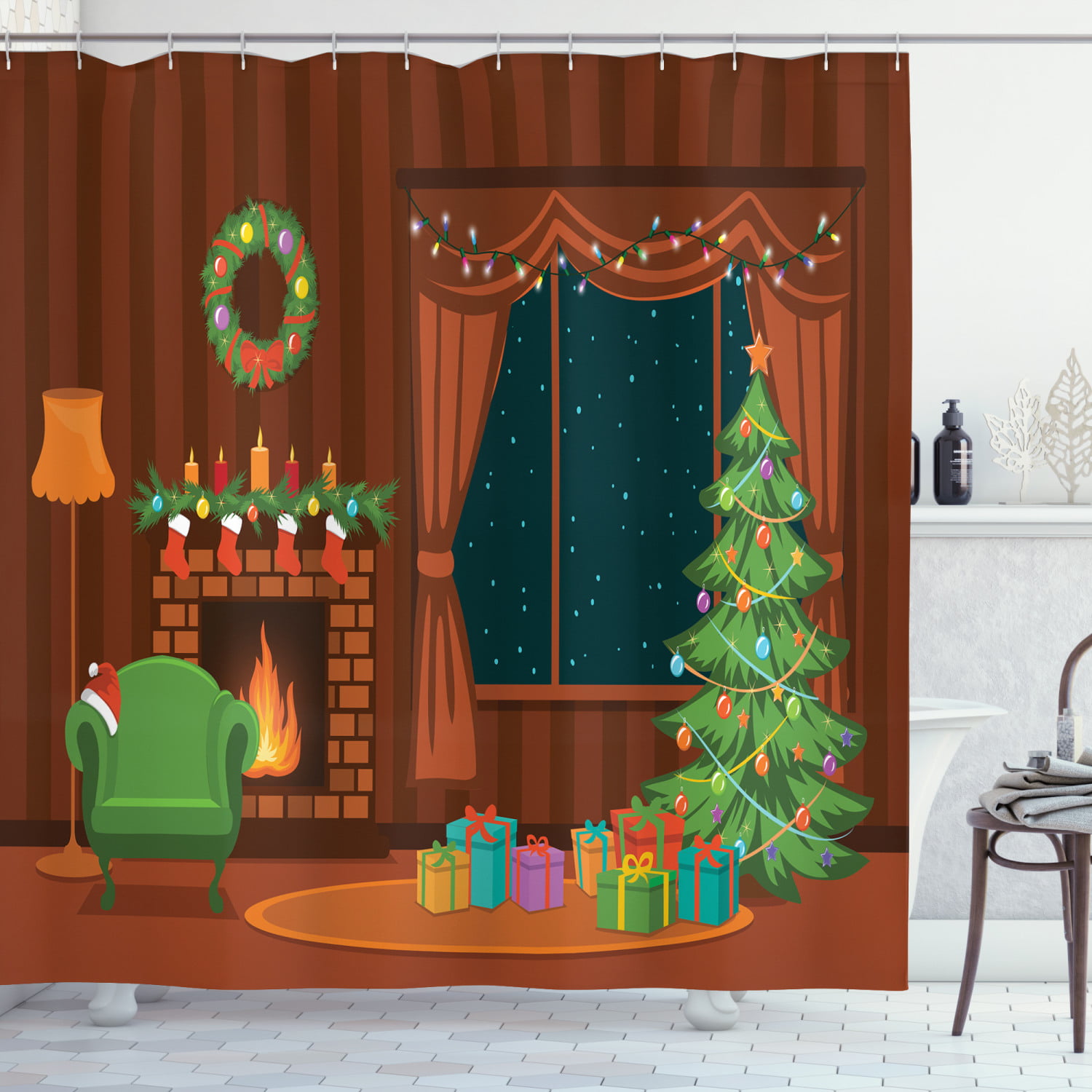 Christmas Theme Polyester Fabric Bathroom Shower Curtain Decor With Hooks Set 